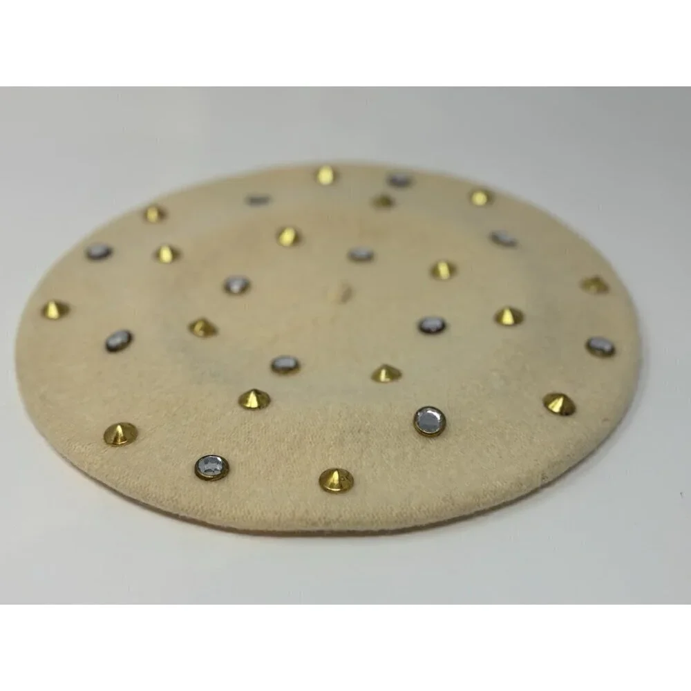 Vintage 70s 60s Cream‎ Ivory Wool Studded Jewel Beret Hat Women's Czechoslovakia